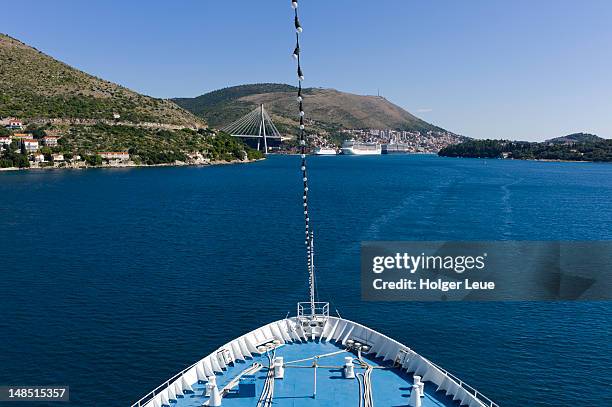 bow of cruiseship ms delphin approaching port of gruz. - croatia cruise stock pictures, royalty-free photos & images