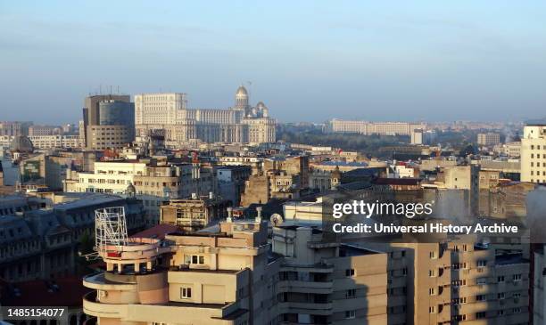Stalinist era, soviet style buildings on the skyline of Bucharest, the Romanian capital 2022.