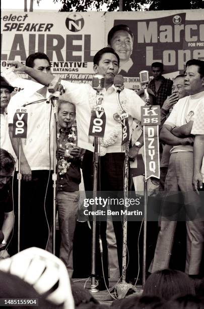 Ferdinand Marcos , the 10th president of the Philippines, gives a speech while campaigning for re-election, Philippines, 1969.