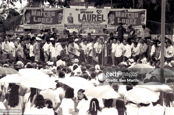 Ferdinand Marcos , the 10th president of the Philippines, speaking to a crowd while campaigning for re-election, Philippines, 1969.