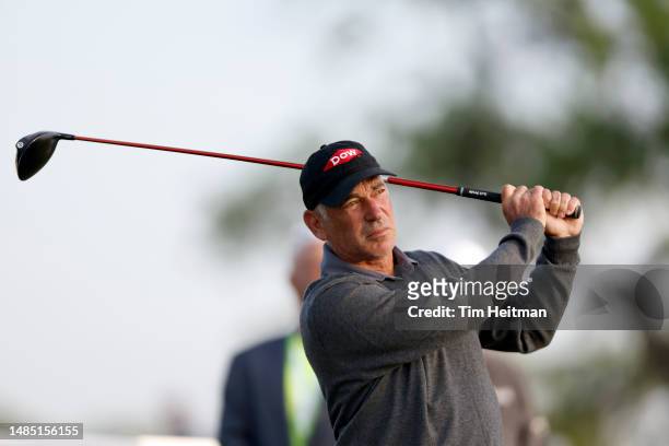 Corey Pavin of the United State tees of on the first hole during the first round of the Invited Celebrity Classic at Las Colinas Country Club on...