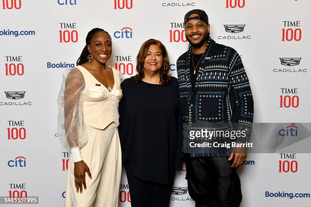 Nneka Ogwumike, Elizabeth Alexander and Carmelo Anthony attend the 2023 TIME100 Summit at Jazz at Lincoln Center on April 25, 2023 in New York City.