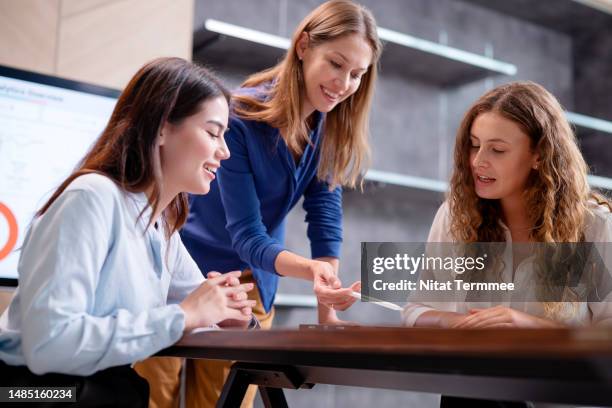 define your targets and competitive advantage to developing a business strategy. businesswoman leading presentation on a business plan with her team during meeting to setup sales and marketing target in a board room at office. - risk management stock pictures, royalty-free photos & images