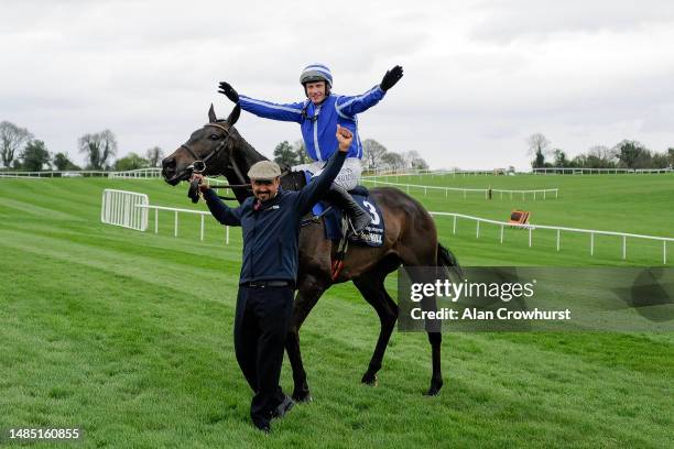 Paul Townend riding Energumene celebrate victory in The William Hill Champion Chase at Punchestown Racecourse on April 25, 2023 in Naas, Ireland.