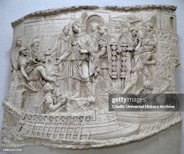 Detail from a cast of Trajan's Colum, a Roman triumphal column in Rome, Italy, that commemorates Roman emperor Trajan's victory in the Dacian Wars....