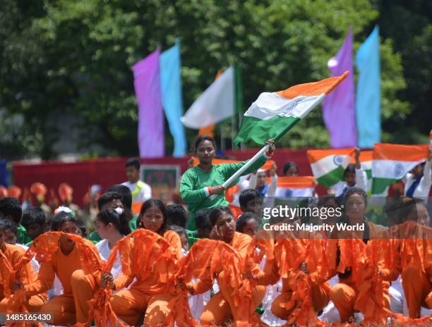 Students are performing during the 76th Independence Day function at Assam Rifles ground in Agartala. Tripura, India.