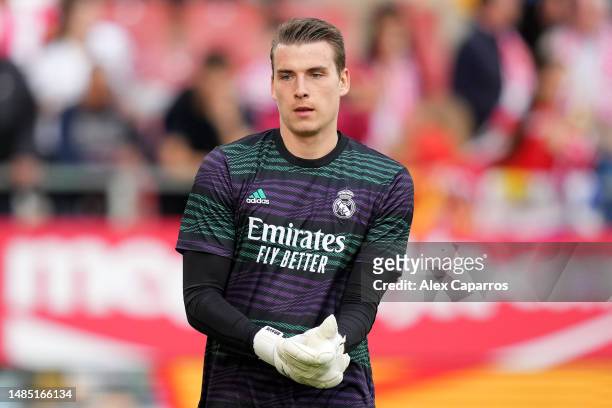 Andriy Lunin of Real Madrid looks on during the warm up prior to the LaLiga Santander match between Girona FC and Real Madrid CF at Montilivi Stadium...