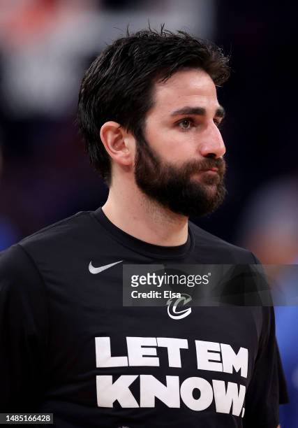 Ricky Rubio of the Cleveland Cavaliers warms up before Game Four of the Eastern Conference First Round Playoffs against the New York Knicks at...