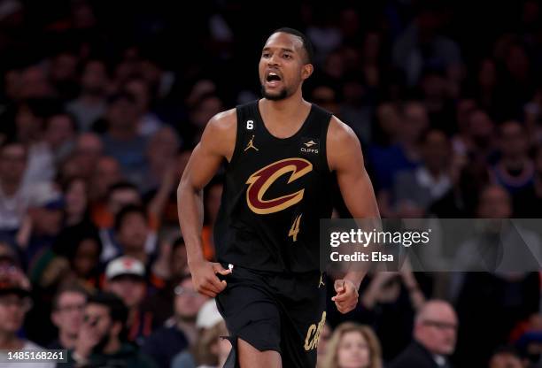 Evan Mobley of the Cleveland Cavaliers celebrates his shot in the second half against the New York Knicks during Game Four of the Eastern Conference...