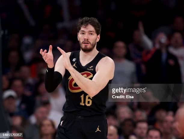 Cedi Osman of the Cleveland Cavaliers reacts during Game Four of the Eastern Conference First Round Playoffs against the New York Knicks at Madison...
