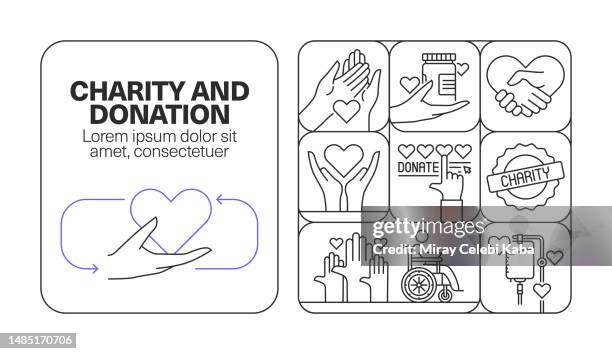 charity and donation banner line icon set design - fundraiser thermometer stock illustrations