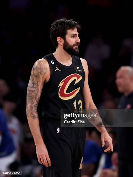 Ricky Rubio of the Cleveland Cavaliers looks on during Game Four of the Eastern Conference First Round Playoffs against the New York Knicks at...