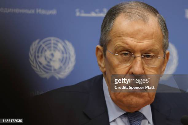 Russian Foreign Minister Sergey Lavrov speaks to the media at a news conference at the United Nations headquarters on April 25, 2023 in New York...