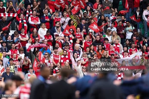 Fans of Arsenal after the UEFA Women's Champions League semifinal 1st leg match between VfL Wolfsburg and Arsenal at Volkswagen Arena on April 23,...