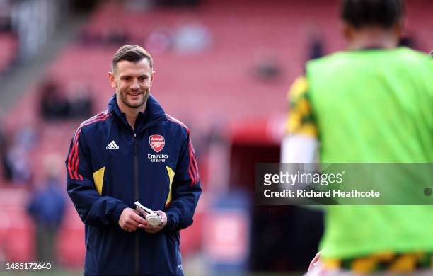 Jack Wilshere, Manager of Arsenal, looks on during the warm up prior to the FA Youth Cup Final match between Arsenal U18 and West Ham United U18 at...