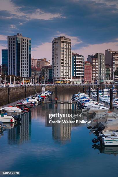 harbourfront buildings along the puerto deportivo. - gijon stock pictures, royalty-free photos & images