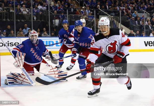 Curtis Lazar of the New Jersey Devils skates against the New York Rangers in Game Four of the First Round of the 2023 Stanley Cup Playoffs at Madison...