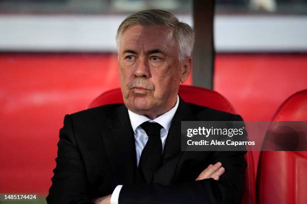 Carlo Ancelotti, Manager of Real Madrid, looks on prior to the LaLiga Santander match between Girona FC and Real Madrid CF at Montilivi Stadium on...