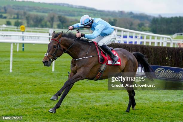 Donagh Meyler riding Feronily clear the last to win The Dooley Insurance Group Champion Novice Chase at Punchestown Racecourse on April 25, 2023 in...