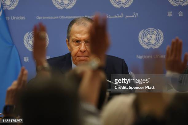 Russian Foreign Minister Sergey Lavrov speaks to the media at a news conference at the United Nations headquarters on April 25, 2023 in New York...