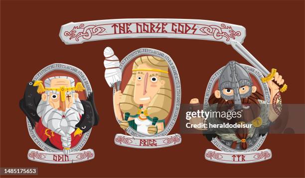 the norse gods: odin, frigg and tyr - norse gods stock illustrations