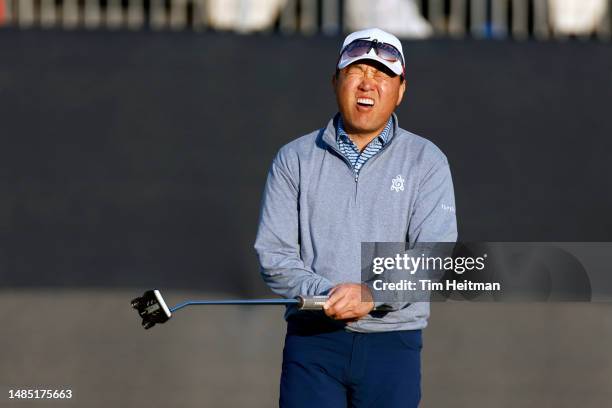 Charlie Wi of South Korea reacts after missing a putt on the 18th hole during a four hole playoff during the final round of the Invited Celebrity...