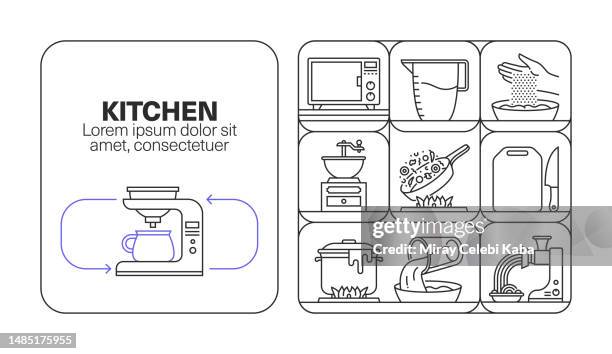 kitchen banner line icon set design - cleaning kitchen counter stock illustrations