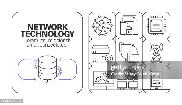 network technology banner line icon set design - sharing digital information stock illustrations