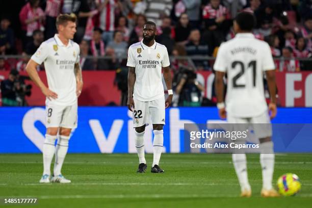 Antonio Ruediger of Real Madrid looks dejected after Valentin Castellanos of Girona FC scores the team's second goal during the LaLiga Santander...