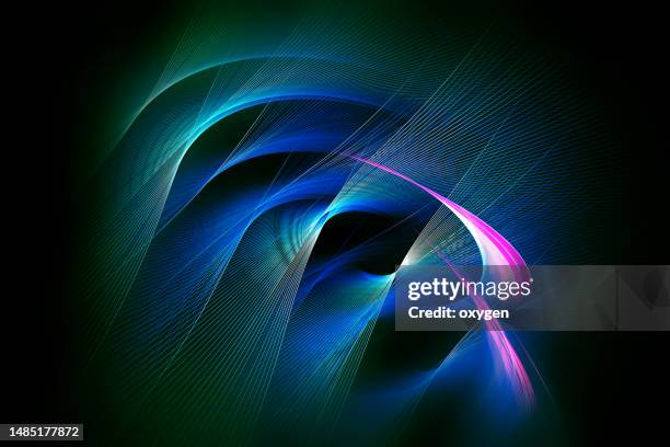 abstract futuristic radial technology neon blue space digital fractal.  blue green  glowing  network futuristic motion lines blured on black background - spiral stock pictures, royalty-free photos & images