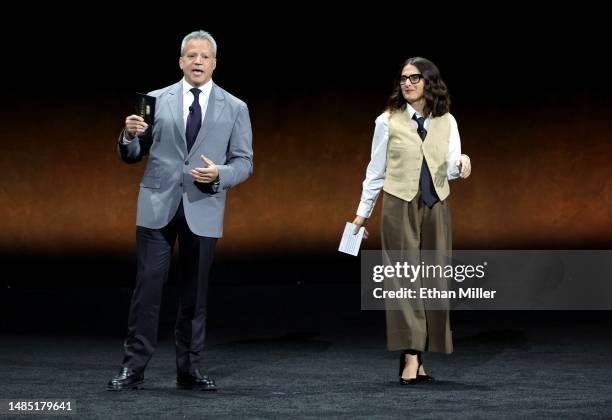 Warner Bros. Film Group Co-Chairpersons and CEOs Michael De Luca and Pamela Abdy speak onstage during the Warner Bros. Pictures Studio presentation...