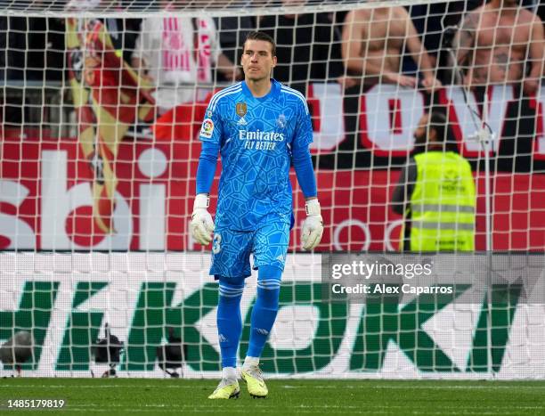 Andriy Lunin of Real Madrid looks on during the LaLiga Santander match between Girona FC and Real Madrid CF at Montilivi Stadium on April 25, 2023 in...