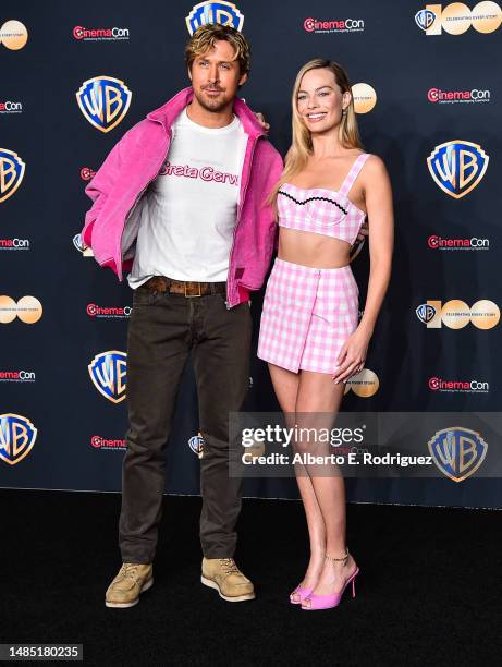 Ryan Gosling and Margot Robbie attend the State of the Industry and Warner Bros. Pictures Presentation at The Colosseum at Caesars Palace during...