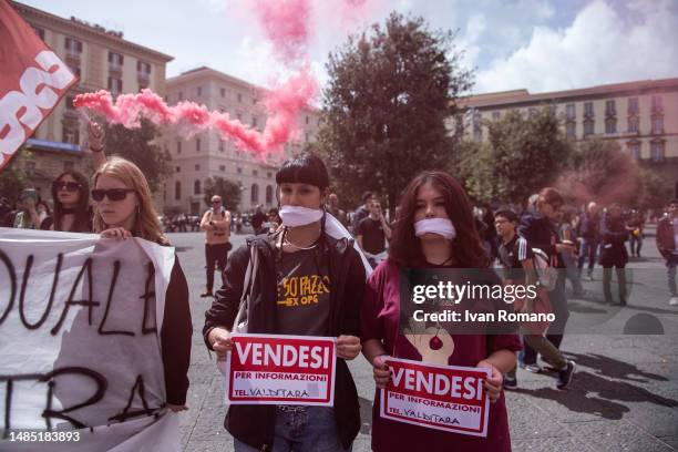 Students display placards against the Minister of Education and Merit Giuseppe Valditara during a demonstration celebrating Liberation Day on April...