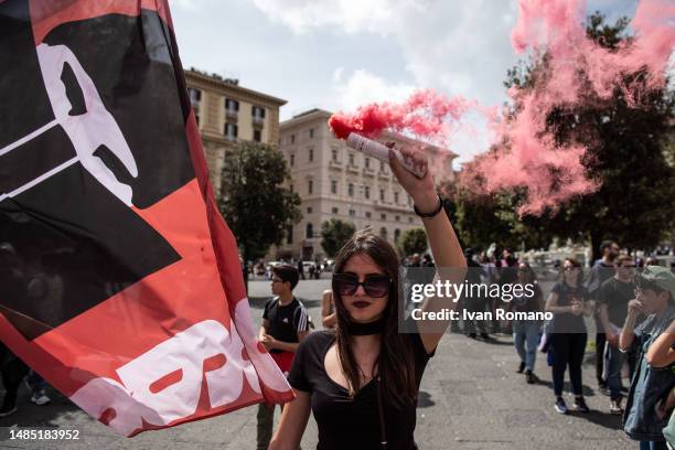 Students display placards against the Minister of Education and Merit Giuseppe Valditara during a demonstration celebrating Liberation Day on April...