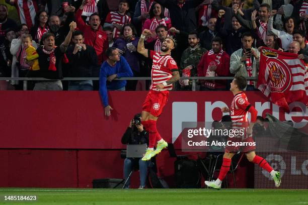 Valentin Castellanos of Girona FC celebrates after scoring the team's third goal and their hat-trick during the LaLiga Santander match between Girona...