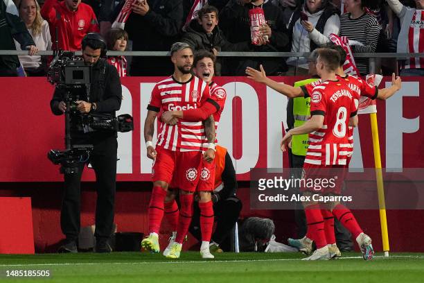 Valentin Castellanos of Girona FC celebrates with teammates after scoring the team's third goal and their hat-trick during the LaLiga Santander match...
