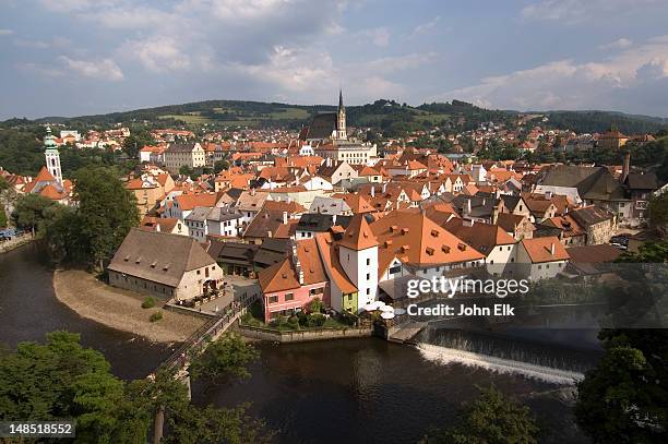 town and river from castle. - cesky krumlov stock pictures, royalty-free photos & images