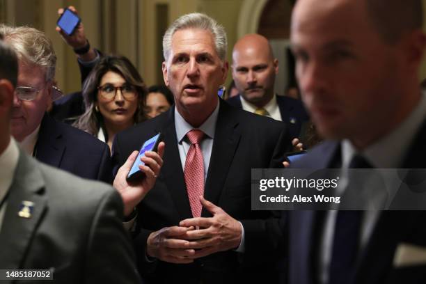 Speaker of the House Rep. Kevin McCarthy is followed by members of the media as he walks in the U.S. Capitol on April 25, 2023 in Washington, DC. The...