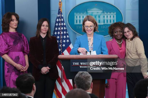 White House press secretary Karine Jean-Pierre embraces the creator of the show "The L Word", Ilene Chaiken during the daily briefing at the White...