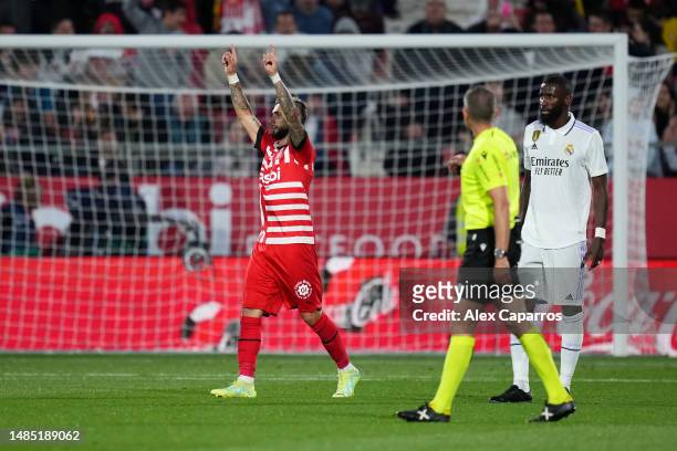 Valentin Castellanos of Girona FC celebrates after scoring the team's fourth goal during the LaLiga Santander match between Girona FC and Real Madrid...