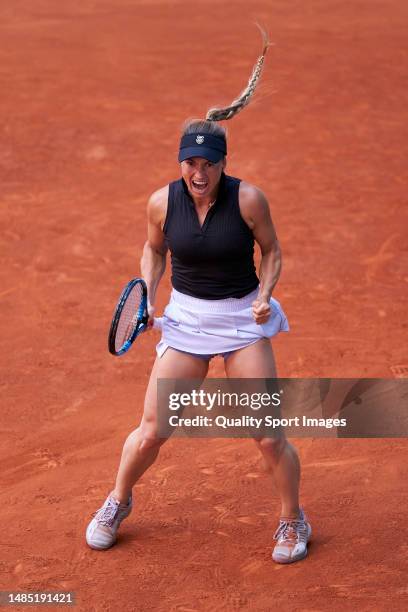 Yulia Putinseva of Kazakhstan celebrates a point against Claire Liu of the United States in their Women's Singles Round of 64 match during day two of...