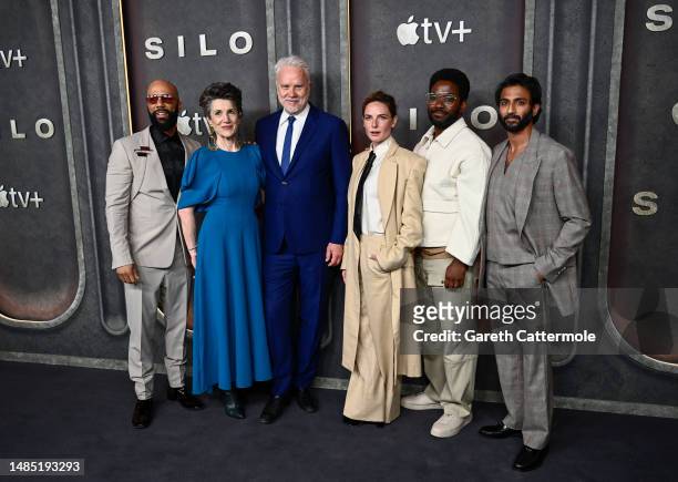 Common, Harriet Walter, Tim Robbins, Rebecca Ferguson, Chinaza Uche and Avi Nash attend the "Silo" Global Premiere at Battersea Power Station on...