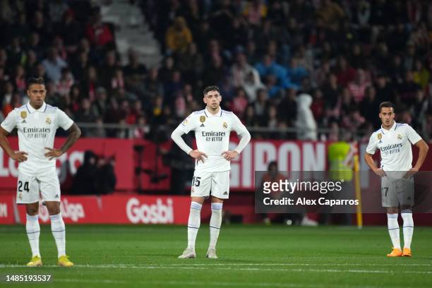 Federico Valverde of Real Madrid looks dejected during the LaLiga Santander match between Girona FC and Real Madrid CF at Montilivi Stadium on April...