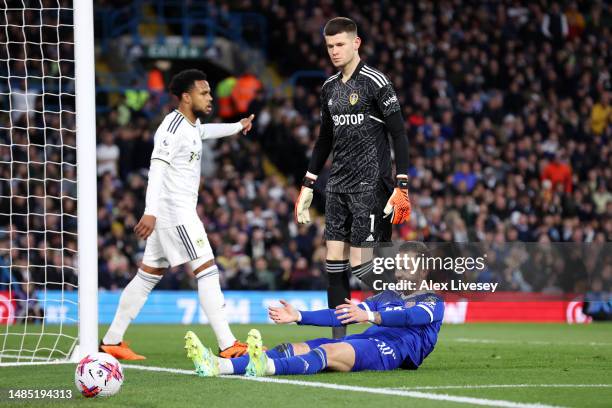 James Maddison of Leicester City reacts after a missed chance as Illan Meslier and Weston McKennie of Leeds United looks on during the Premier League...