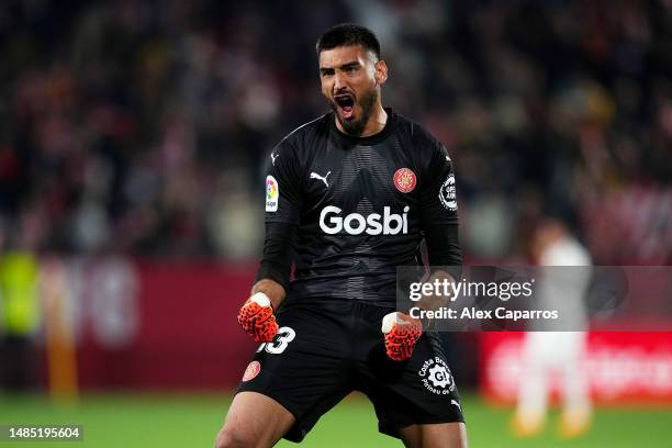 Paulo Gazzaniga of Girona FC celebrates after the team's victory during the LaLiga Santander match between Girona FC and Real Madrid CF at Montilivi...