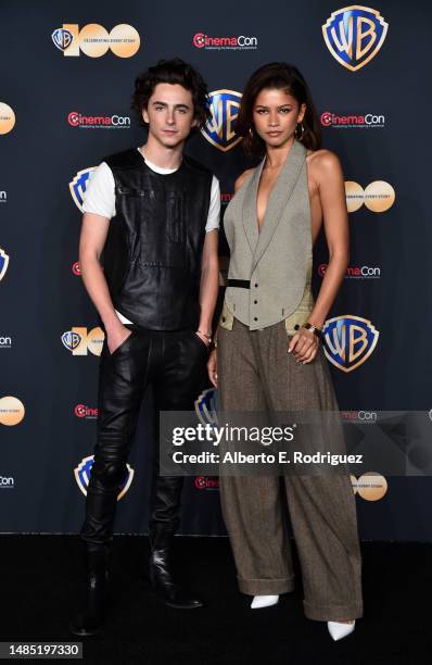 Timothée Chalamet and Zendaya attend the State of the Industry and Warner Bros. Pictures Presentation at The Colosseum at Caesars Palace during...