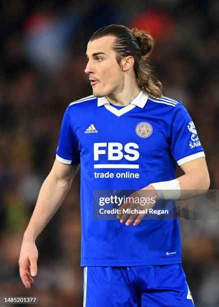 Caglar Soyuncu of Leicester City looks on during the Premier League match between Leeds United and Leicester City at Elland Road on April 25, 2023 in...