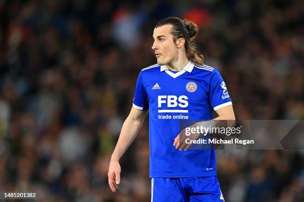 Caglar Soyuncu of Leicester City looks on during the Premier League match between Leeds United and Leicester City at Elland Road on April 25, 2023 in...