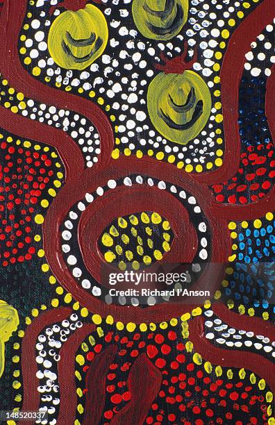 detail of aboriginal painting for sale at shop on the nullarbor plain, near eucla. - aboriginal dot painting stockfoto's en -beelden